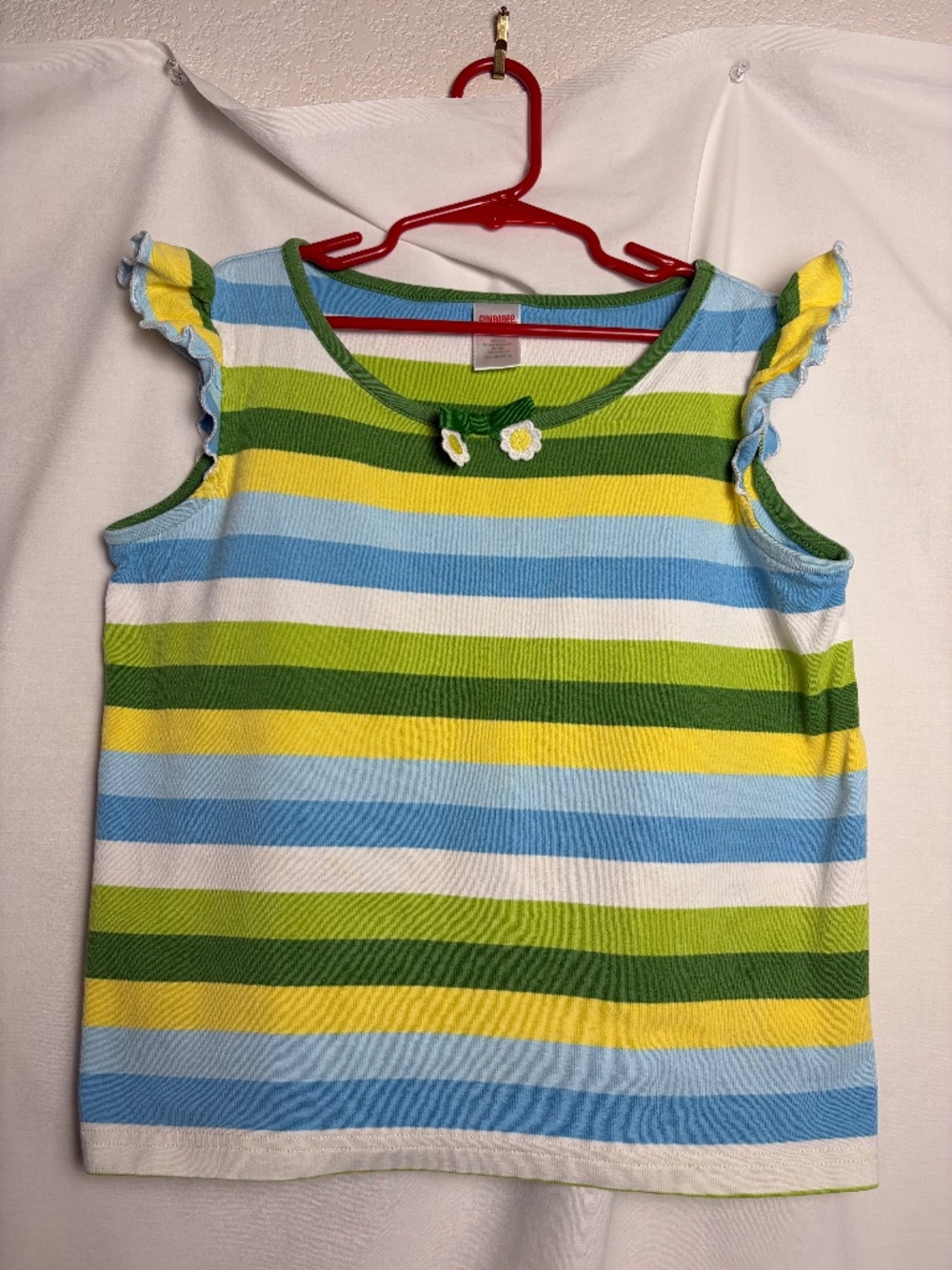 Gymboree Girls 10 Short Sleeve White, Green, Blue Striped Shirt w/Bow & Daisies